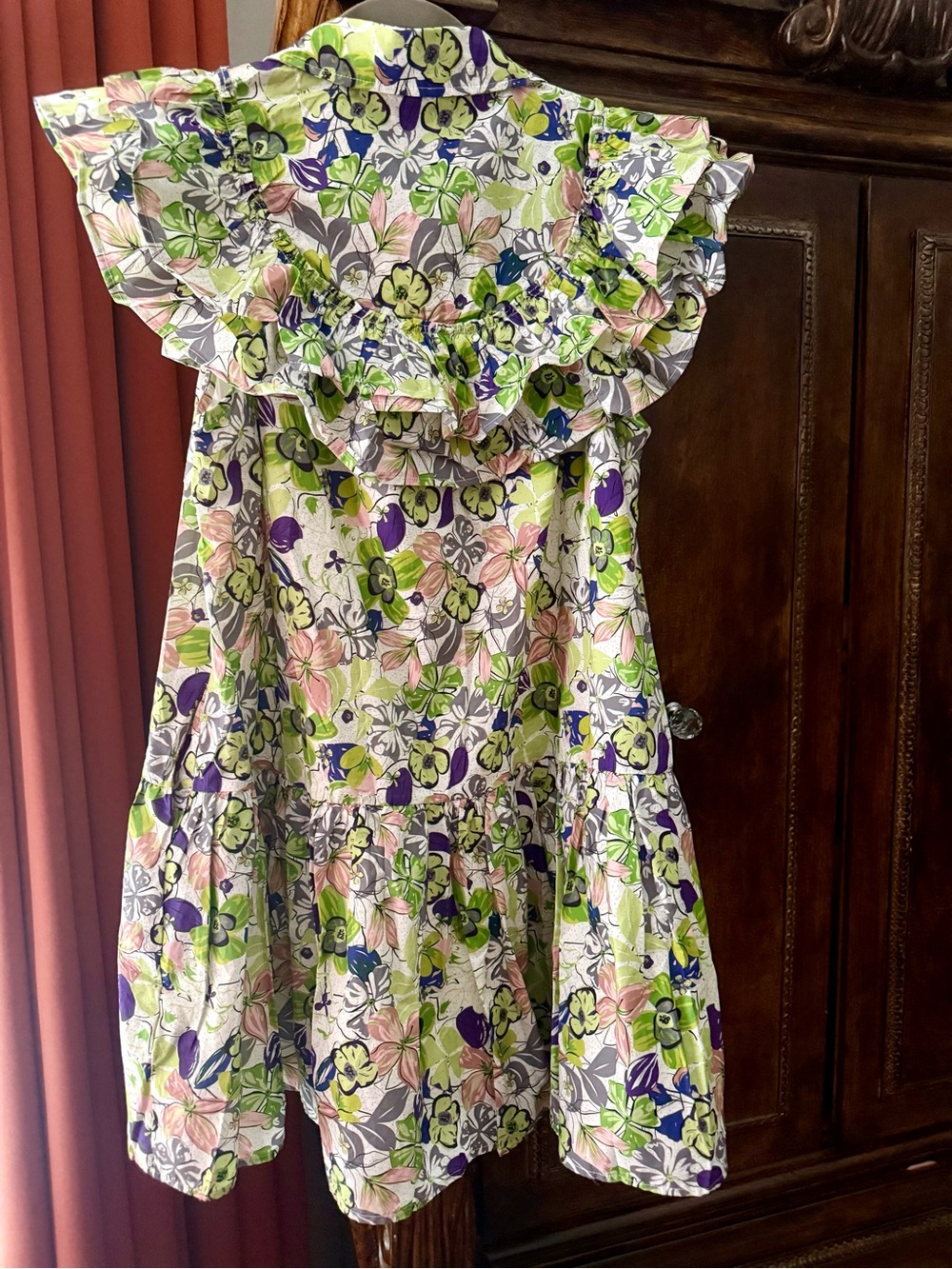 Entro ~ Women’s Floral Ruffle Mini Dress in Green, Pink & Purple - Picture 2 of 6